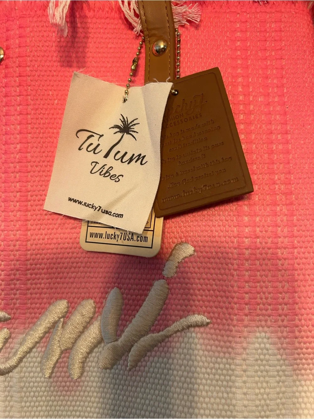 Tote Bag. Lucky7 Brand Pink & White 'Miami' Ombre Tote Bag with Fringe